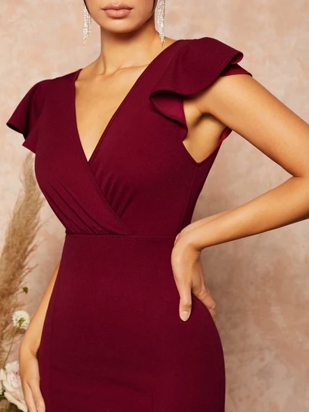 Kadın Kısa Kelebek Kollu Kruvaze Yaka Ithal Krep Midi Elbise - Resim 5