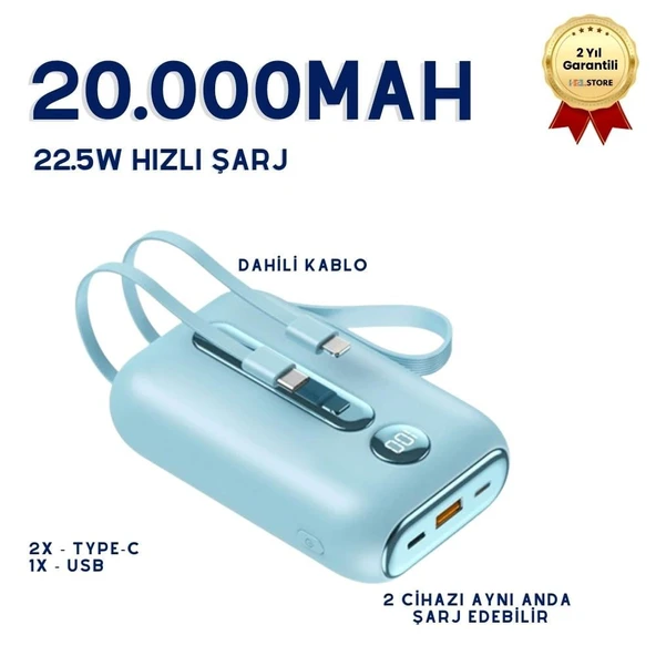 20.000mAh Dijital Göstergeli Dahili Çoklu Kablolu Taşınabilir 22.5W Hızlı Şarjlı Powerbank Hafif Mini Boyut Minimalist Tasarım Asma Aparatlı ürün görseli