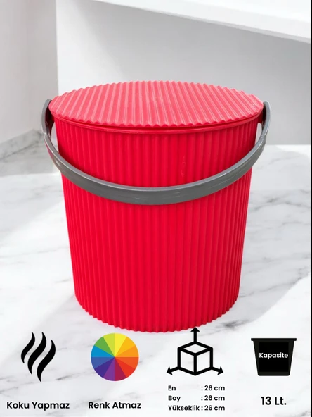 Rainbow Kırmızı Büyük Boy 13 Litre Yuvarlak Kova Piknik Sepeti Meyve Kovası