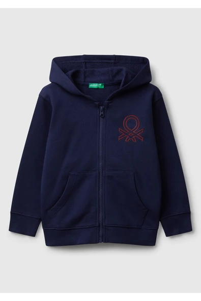 Erkek Çocuk Lacivert Önü Logo Baskılı Fermuarlı Kapüşonlu Sweatshirt