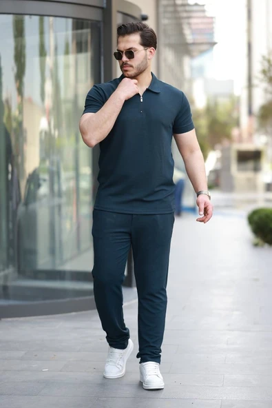 Erkek Yakalı Fermuarlı T-shirt Pantolon Ikili Rahat Takım ürün görseli