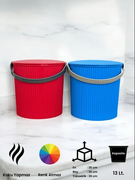 Rainbow 2’li Mavi-Kırmızı Büyük Boy 13 Litre Yuvarlak Kova Piknik Sepeti Meyve Kovası