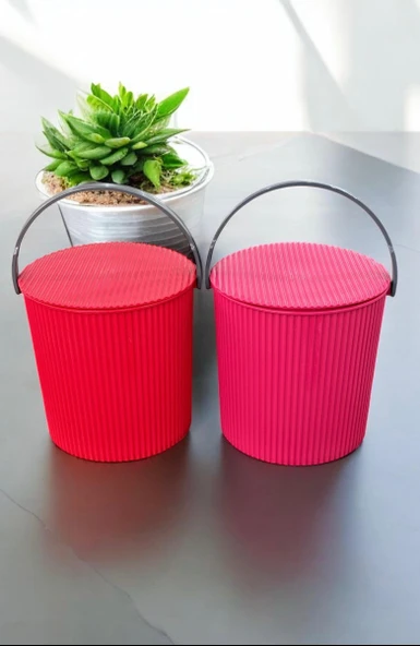 Rainbow 2’li Pembe-Kırmızı  Büyük Boy 13 Litre Yuvarlak Kova Piknik Sepeti Meyve Kovası - 3