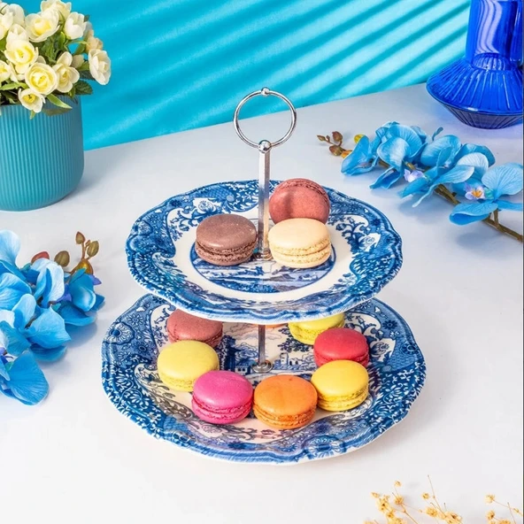 Fecra Vintage Blue 2 Katlı Kurabiyelik Seti