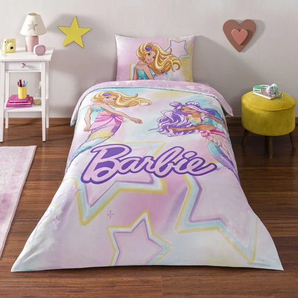 Taç Lisanslı Barbie Mermaid Tek Kişilik Pamuk Nevresim Takımı - 1