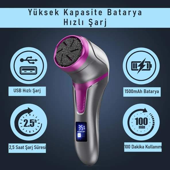 Valkyrie Profesyonel Ayak Bakım Cihazı 360° Dönen Başlık Dijital Ekranlı, Şarjlı & 10 Parça Pedikür Kiti Mor - 3