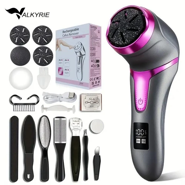 Valkyrie Profesyonel Ayak Bakım Cihazı 360° Dönen Başlık Dijital Ekranlı, Şarjlı & 10 Parça Pedikür Kiti Mor - 9