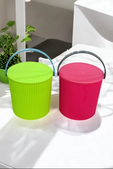 Rainbow 2’li Yeşil-Pembe  Büyük Boy 13 Litre Yuvarlak Kova Piknik Sepeti Meyve Kovası - 4