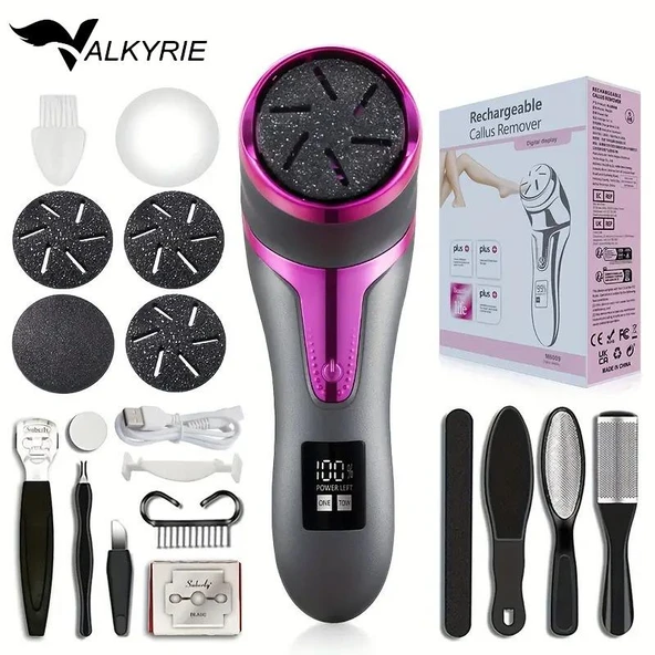Valkyrie Profesyonel Ayak Bakım Cihazı 360° Dönen Başlık Dijital Ekranlı, Şarjlı & 10 Parça Pedikür Kiti Mor - 8
