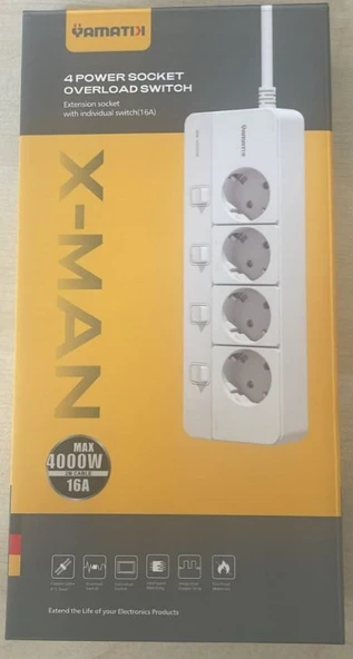 Ayt Yamatik X-MAN-104 A-CLASS 4 lü Ayrı Anahtarlı 2 Metre Akım Korumalı Grup Priz 1400 Joule Uzatma Kablosu