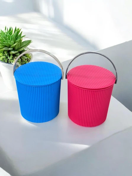 Rainbow 2’li Mavi-Pembe  Büyük Boy 13 Litre Yuvarlak Kova Piknik Sepeti Meyve Kovası - 2