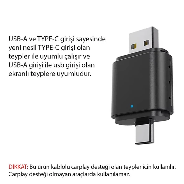 Ayt PowerMaster PM-27447 Kablosuz Araç Oto Carplay Android Auto Çevirici Dönüştürücü Adaptör İki Girişli Usb  Type-c - 3