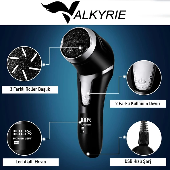 Valkyrie Profesyonel Ayak Bakım Cihazı 360° Dönen Başlık Dijital Ekranlı, Şarjlı & 10 Parça Pedikür Kiti Siyah - 3
