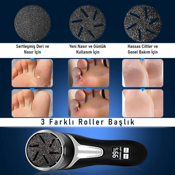 Valkyrie Profesyonel Ayak Bakım Cihazı 360° Dönen Başlık Dijital Ekranlı, Şarjlı & 10 Parça Pedikür Kiti Siyah - 2