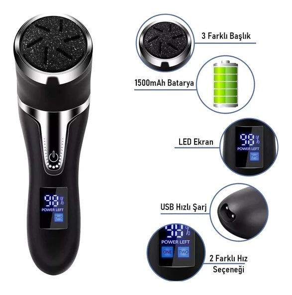 Valkyrie Profesyonel Ayak Bakım Cihazı 360° Dönen Başlık Dijital Ekranlı, Şarjlı & 10 Parça Pedikür Kiti Siyah - 6