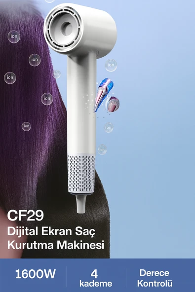 Dijital Ekranlı Saç Kurutma Makinesi 1600W Güçlü 3 Hız ve 4 Sıcaklık Ayarı LED Ambient Işık - 6