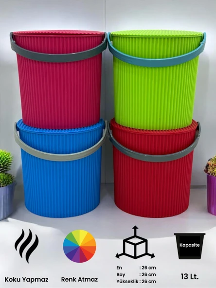 Rainbow 4’lü Mavi-Yeşil-Kırmızı-Pembe Büyük Boy 13 Litre Yuvarlak Kova Piknik Sepeti Meyve Kovası