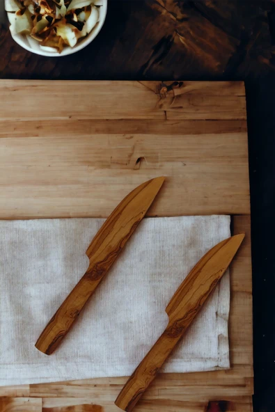 BEFGROUP Tahta Kahvaltı Seti Ahşap Bıçak 2'li Set Zeytin Ağacı Mutfak Gereçleri Kahvaltı Takımı - Resim 2