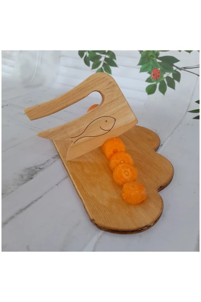 Ahrar Güvenli Ve Dayanıklı Ahşap Çocuk Bıçağı Ve Bulut Desenli Kesme Tahtası / 2'li Set - 1