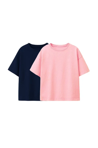 Basic 2'Li Kız Çocuk Bisiklet Yaka T-Shirt ( Lacivert - Pembe ) - 1