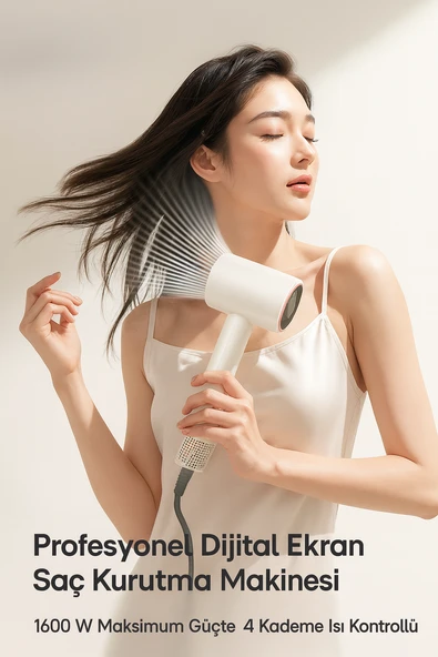 Dijital Ekranlı Saç Kurutma Makinesi 1600W Güçlü 3 Hız ve 4 Sıcaklık Ayarı LED Ambient Işık - 3