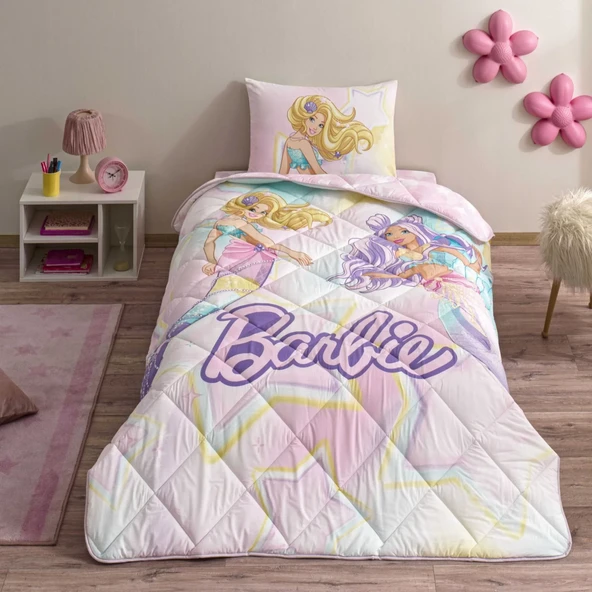 Taç Lisanslı Barbie Mermaid Tek Kişilik Pamuk Yorgan Seti ürün görseli 1