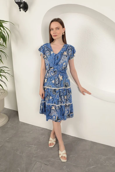 Viskon Etnik Desenli Elbise-Saks ürün görseli