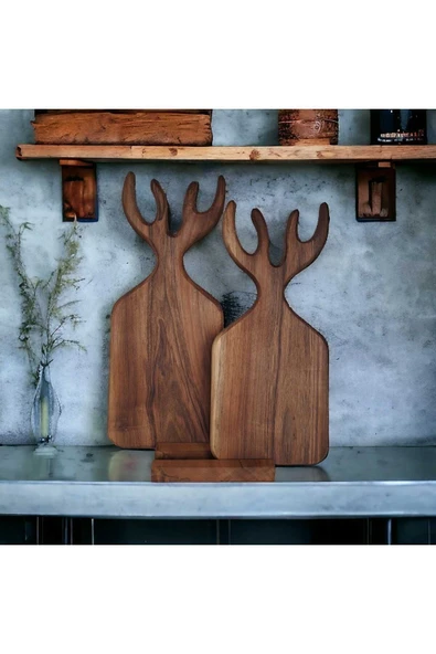 KOYMENWOODS Geyikli sunum tahtası seti doğrama tahtası seti ceviz ağacı 3 parça standlı kesme tahtası ürün görseli