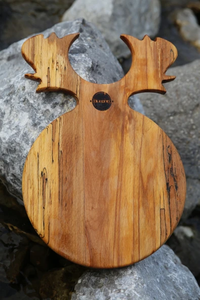 EGEWOODART Kesme Tahtası Gürgen Ahşap Özel Geyik Boynuzlu Yuvarlak Kesme Ve Servis Tahtası - Resim 5