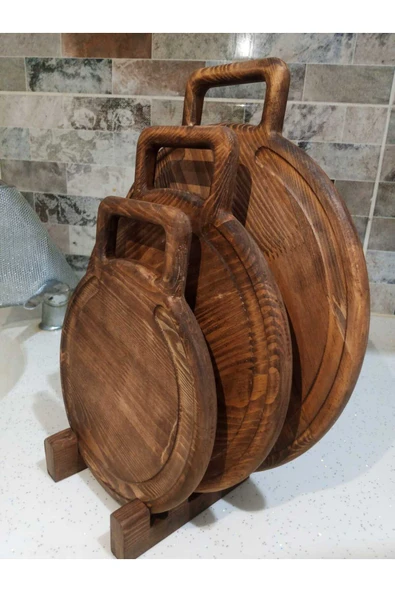 Ahşap Teslim Kesme Tahtası 3'lü Set, Dekoratif Ahşap Sunumluk Kahverengi (CEVİZ RENGİ) - 2