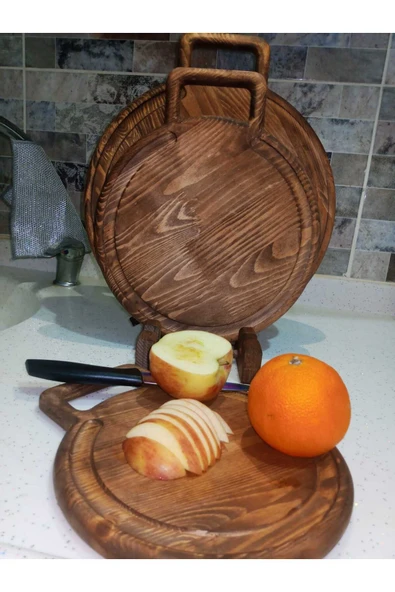 Ahşap Teslim Kesme Tahtası 3'lü Set, Dekoratif Ahşap Sunumluk Kahverengi (CEVİZ RENGİ) - 6