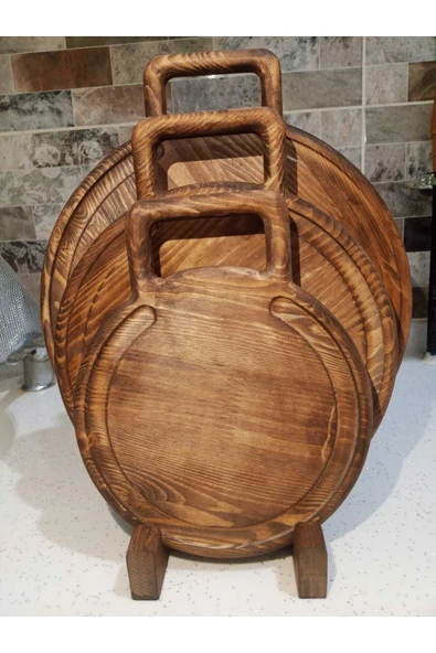 Ahşap Teslim Kesme Tahtası 3'lü Set, Dekoratif Ahşap Sunumluk Kahverengi (CEVİZ RENGİ) - 5