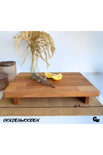 GOLDENWOODEN Doğal Ahşap Sunum Tabağı Ayaklı Ahşap Sunumluk(KAYIN/GÜRGEN)(BOY:40CM EN:27CM YÜK:6,5CM) - 3