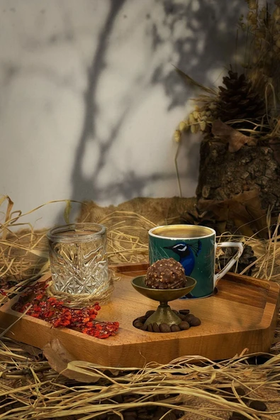 AhsaptanHerSey Kahve Servis Tabağı Türk Kahvesi Servis Tepsisi Sunumluk Masif Ahşap Kayın Ağacı Beşgen Model