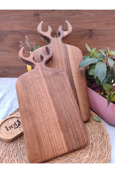 BEF CRAFT Geyik 2 Li Kesme Sunum Servis Tahtası Ceviz Ağacı Ahşap Sunum Kesme Tahtası Geyik Desenli