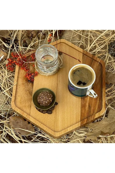 AhsaptanHerSey Kahve Servis Tabağı Türk Kahvesi Servis Tepsisi Sunumluk Masif Ahşap Kayın Ağacı Beşgen Model - 7