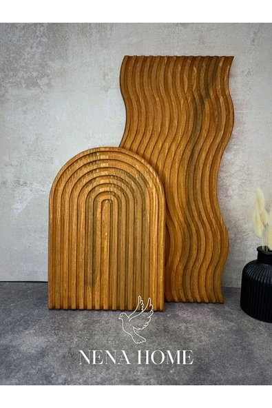 NENA HOME 2'li Ahşap Oymalı Dalgalı Uzun Ve Yarım Gökkuşağı Dekoratif Tepsi Sunum Tepsisi Sunumluk