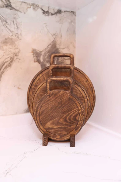 Ahşap Teslim Kesme Tahtası 3'lü Set, Dekoratif Ahşap Sunumluk Kahverengi (CEVİZ RENGİ) - 3