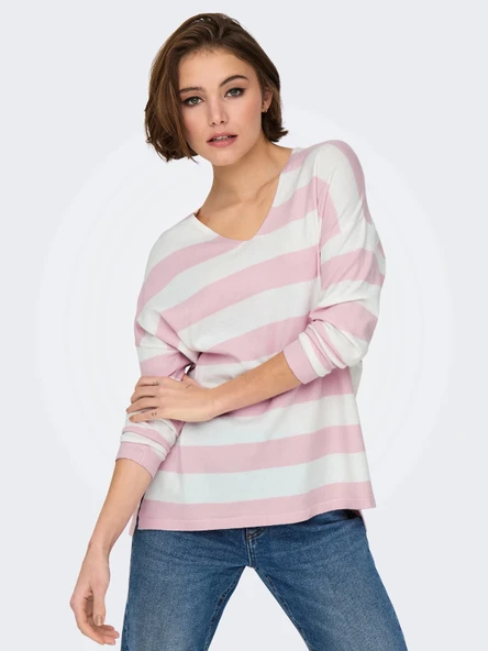 Only 15354092 V Yaka Kadin Triko - Pembe Cizgili - Resim 3