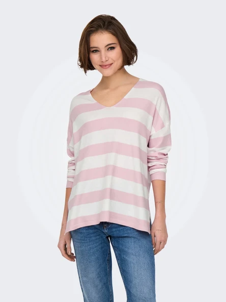 Only 15354092 V Yaka Kadin Triko - Pembe Cizgili ürün görseli 1