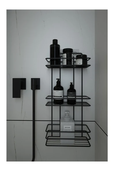 Egem Home Ömür Boyu Paslanmaz Kancalı Yapışkanlı Banyo Şampuanlığı 3 Raflı Düz Siyah ürün görseli