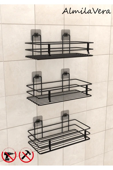 VİKİHOUSE Güçlü Yapışkanlı Kancalı 3 Adet 3 Katlı Banyo Mutfak Düzenleyici Rafı Mat Siyah - Resim 2