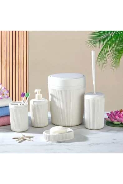Egem Home Beyaz 5 Parça Banyo Seti Çöp Kovası Klozet Fırçası Sıvı Sabunluk Diş Fırçalık ve Katı Sabunluk Seti ürün görseli