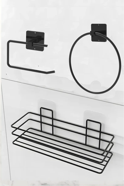 Egem Home Siyah Yapışkanlı Banyo Rafı Halka Havluluk ve Tuvalet Kağıtlık Seti ürün görseli