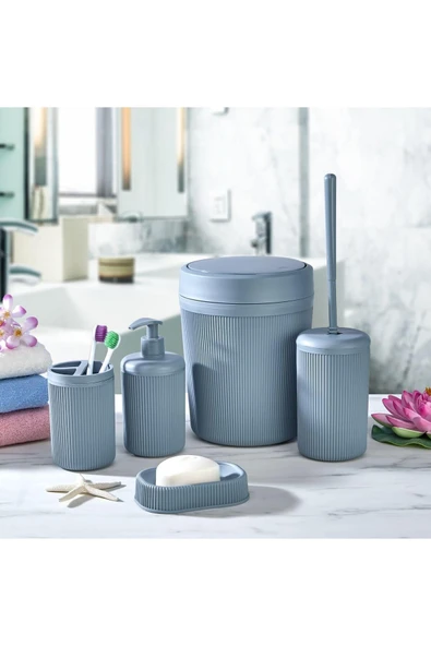 Egem Home Gri 5 Parça Banyo Seti Çöp Kovası Klozet Fırçası Sıvı Sabunluk Diş Fırçalık ve Katı Sabunluk Seti - 1