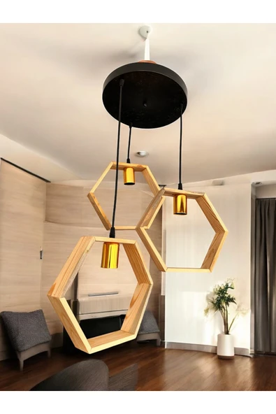 RMD SHOP RİO Ahşap Sarkıt Avize Altıgen 3'Lü Avize - 1