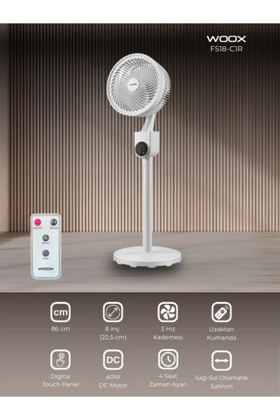 8 Inch Otomatik Sağ Sol Salınımlı Uzaktan Kumandalı Dokunmatik Ekran 86 Cm Zaman Ayarlı Vantilatör