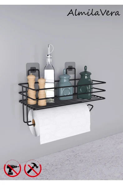Egem Home Vİdalı Raflı Kağıt Rulo Havluluk Peçetelik Siyah Banyo Mutfak Düzenleyici Raf - 2