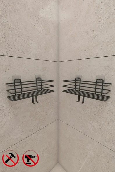 KapKacakAl Güçlü Yapışkanlı Metal Kancalı Siyah Banyo Rafı 2 adet - Resim 2