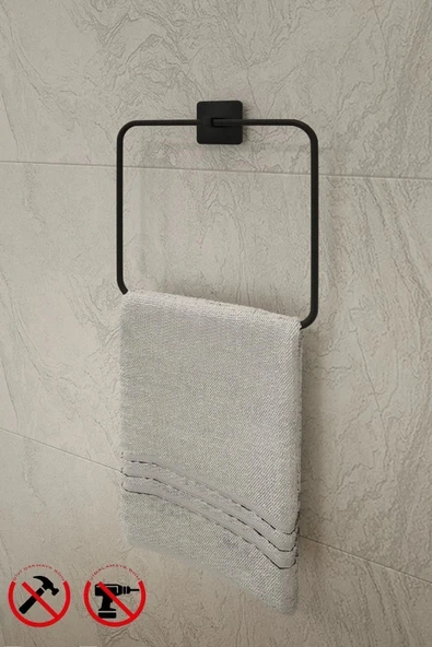 Egem Home Siyah Yapışkanlı Kare Havluluk ve Fön Askısı Seti 4'lü Banyo Seti - 5